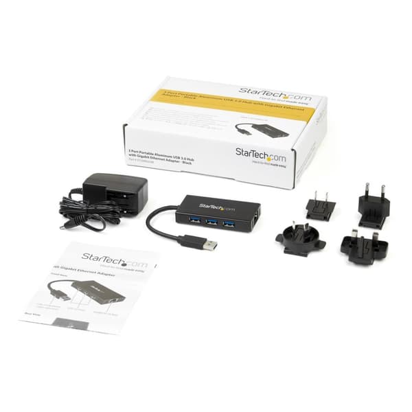 StarTech.com 3-porttinen kannettava USB3.0-keskitin Gigabit Ethernet -sovittimella NIC - Keskitin - 3 x SuperSpeed USB3.0 + 1 x 10/100/1000 - pöytäkon