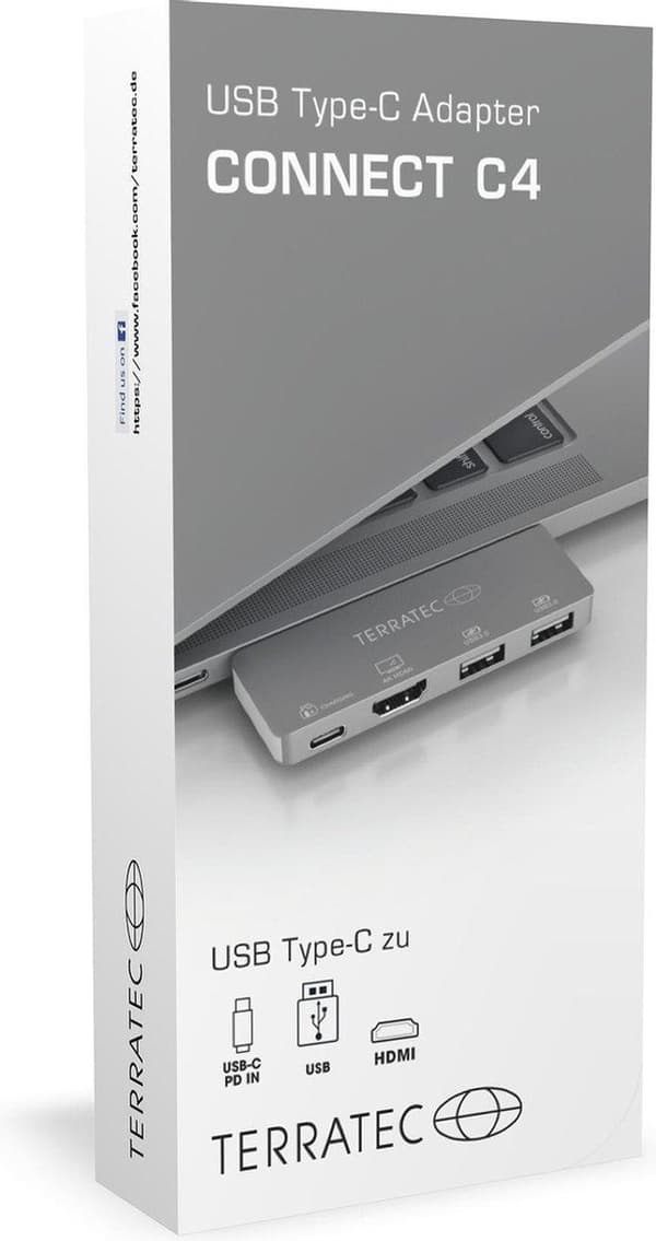 Terratec Connect C4 USB-C Telakointiasema - Sovitin USB-C - HDMI 4K - 2x USB3.0 - 1 x USB-C PD Passthrough latausportti