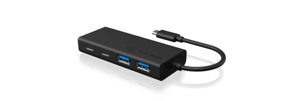 Icy Box USB Hub med USB-C-kontakt och strömförsörjning, USB 3.0, integrerad kabel, aluminium, PD 60 Watt, svart