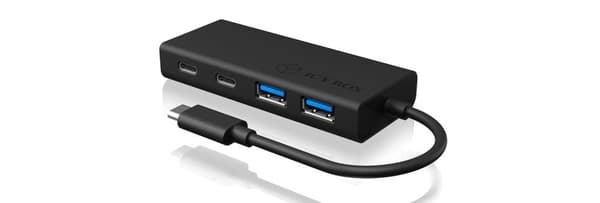 Icy Box USB Hub med USB-C-kontakt och strömförsörjning, USB 3.0, integrerad kabel, aluminium, PD 60 Watt, svart