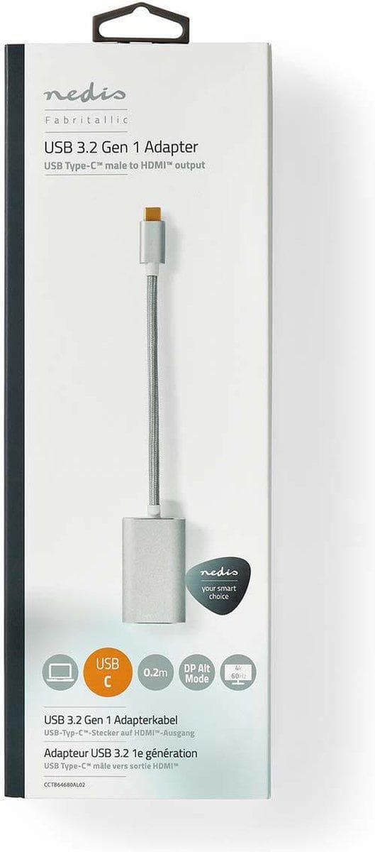 Nedis USB-adapter | USB 3.2 Gen 1 | USB-C™ han | HDMI™ hun | strømforsyning | 0,20 m | runde | forgyldt | Flettet / Nylon | Sølv | Dæk vindueskasse