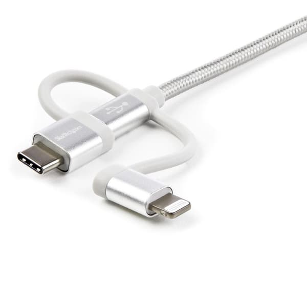StarTech.com 1m USB-opladningskabel - Flettet - Sølv - 3 i 1 opladningskabel - USB til Lightning / Micro USB / USB C-kabel - USB-kabel - USB (M) til M