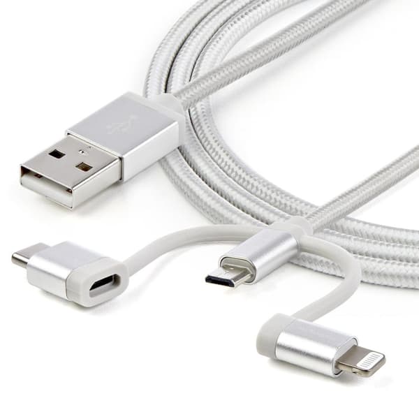 StarTech.com 1m USB-opladningskabel - Flettet - Sølv - 3 i 1 opladningskabel - USB til Lightning / Micro USB / USB C-kabel - USB-kabel - USB (M) til M