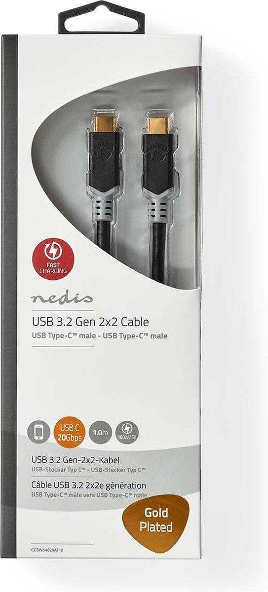 USB-kabel | USB 3.2 Gen 2x2 | USB-C™ hane | USB-C™ hane | 20 Gbps | guld | 1,00 m | Runda | pvc | Antracit | fönsterlåda