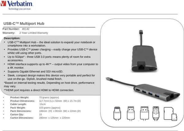 Verbatim USB-C Multiport Hub Gigabit Ethernet SD/microSD