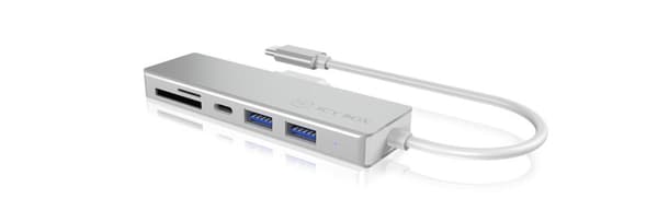 ICY BOX 60369 3-vägs USB-C-hubb och kortläsare för SD och microSD, 3x USB 3.0, USB 3-anslutning, aluminium, integrerad kabel, silver/vit