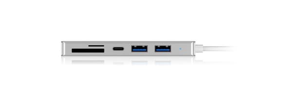 ICY BOX 60369 3-vägs USB-C-hubb och kortläsare för SD och microSD, 3x USB 3.0, USB 3-anslutning, aluminium, integrerad kabel, silver/vit