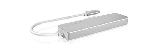 ICY BOX 60369 3-vägs USB-C-hubb och kortläsare för SD och microSD, 3x USB 3.0, USB 3-anslutning, aluminium, integrerad kabel, silver/vit