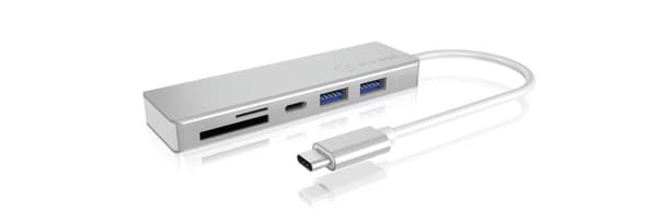 ICY BOX 60369 3-vägs USB-C-hubb och kortläsare för SD och microSD, 3x USB 3.0, USB 3-anslutning, aluminium, integrerad kabel, silver/vit
