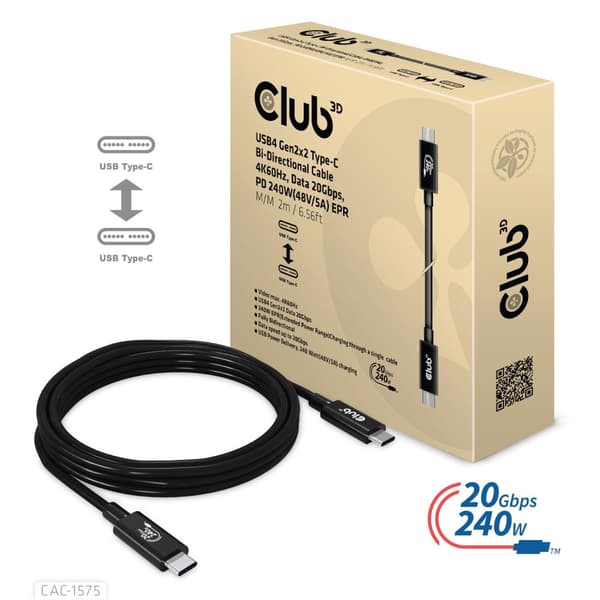 Club 3D - USB-kaapeli - USB-C (M) - USB-C (M) - USB4 Gen2x2 5 A - 2,0 m - kaksisuuntainen, 4K 60 Hz -tuki, jopa 240 W virransyötön tuki, laajennettu t