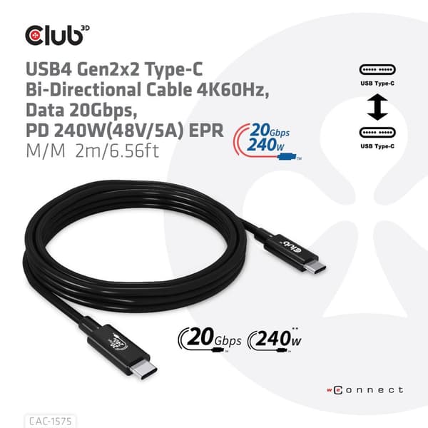 Club 3D - USB-kaapeli - USB-C (M) - USB-C (M) - USB4 Gen2x2 5 A - 2,0 m - kaksisuuntainen, 4K 60 Hz -tuki, jopa 240 W virransyötön tuki, laajennettu t