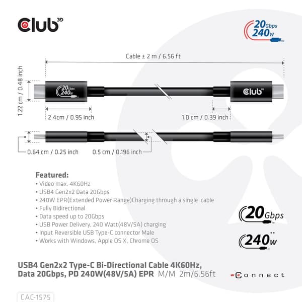 Club 3D - USB-kaapeli - USB-C (M) - USB-C (M) - USB4 Gen2x2 5 A - 2,0 m - kaksisuuntainen, 4K 60 Hz -tuki, jopa 240 W virransyötön tuki, laajennettu t