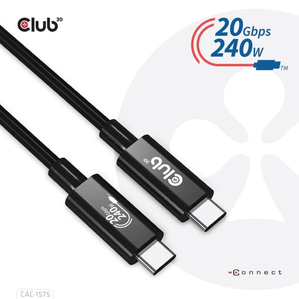 Club 3D - USB-kaapeli - USB-C (M) - USB-C (M) - USB4 Gen2x2 5 A - 2,0 m - kaksisuuntainen, 4K 60 Hz -tuki, jopa 240 W virransyötön tuki, laajennettu t