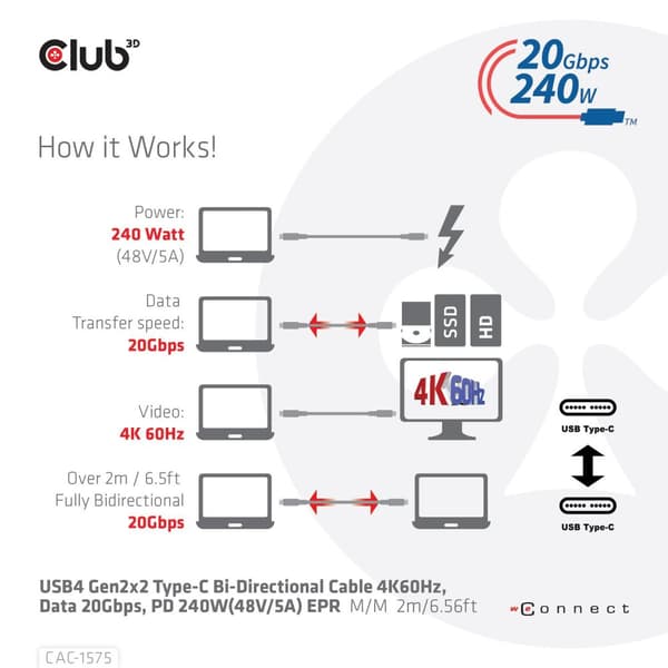Club 3D - USB-kaapeli - USB-C (M) - USB-C (M) - USB4 Gen2x2 5 A - 2,0 m - kaksisuuntainen, 4K 60 Hz -tuki, jopa 240 W virransyötön tuki, laajennettu t