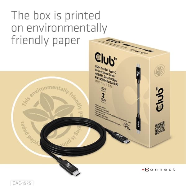 Club 3D - USB-kaapeli - USB-C (M) - USB-C (M) - USB4 Gen2x2 5 A - 2,0 m - kaksisuuntainen, 4K 60 Hz -tuki, jopa 240 W virransyötön tuki, laajennettu t