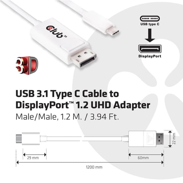 club3D DisplayPort-forbindelseskabel 1,20 m CAC-1517 Hvid [1x USB 3.2 Gen 2-stik C (USB 3.1) - 1x DisplayPort-stik]