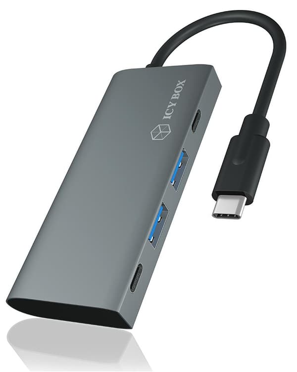ICY BOX 60709 USB Hub 3.1 Gen 2 med 4 USB-portar, USB 3.1 Gen2 10 Gbit/s, USB-C-anslutning, aluminium, integrerad kabel, antracit