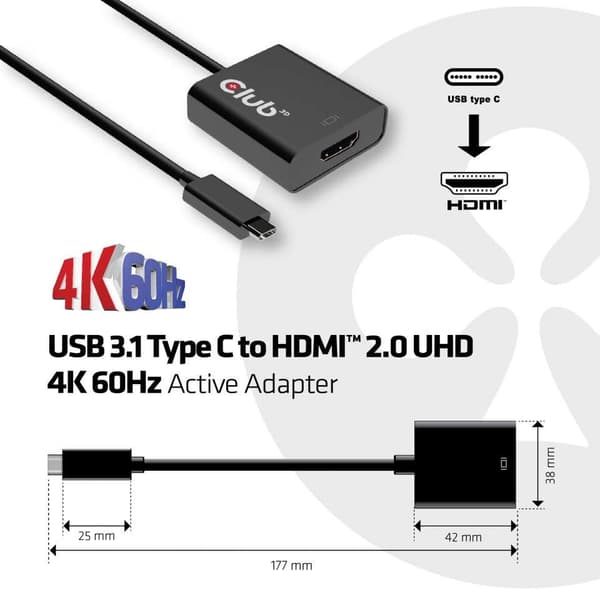 CLUB3D USB 3.1 Type C til HDMI 2.0 UHD 4K 60Hz aktiv adapter