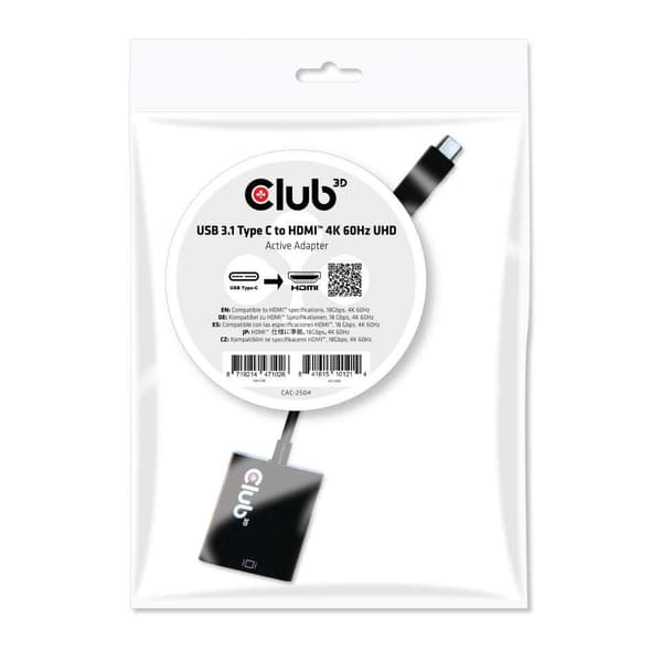 CLUB3D USB 3.1 Type C til HDMI 2.0 UHD 4K 60Hz aktiv adapter