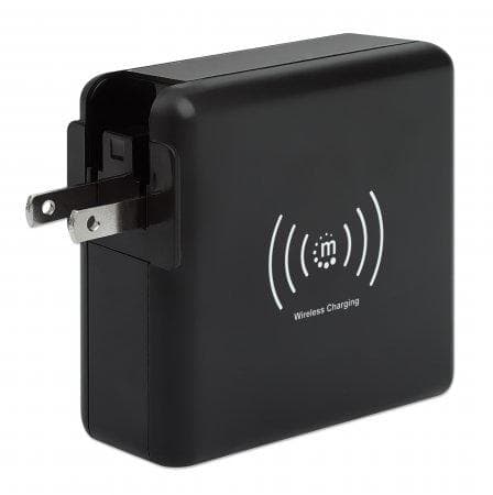 MANHATTAN 4-in-1 -matkalaturi ja virtapankki 8 000 mAh Yksi 5 W induktiivinen langaton latausalusta, kaksi 12 W USB-A-porttia, yksi USB-C-portti 12 W