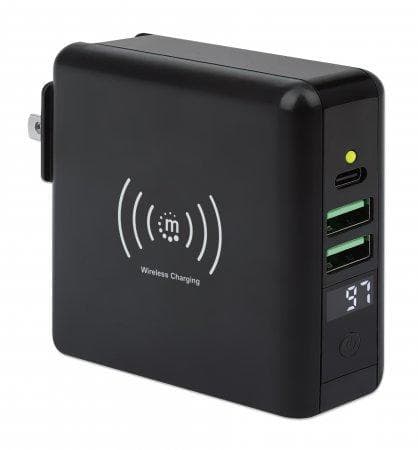 MANHATTAN 4-in-1 -matkalaturi ja virtapankki 8 000 mAh Yksi 5 W induktiivinen langaton latausalusta, kaksi 12 W USB-A-porttia, yksi USB-C-portti 12 W