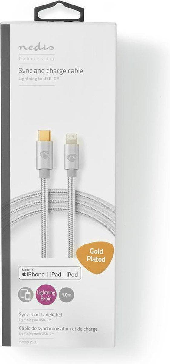 Nedis USB-kabel | USB 2.0 | Apple Lightning 8 Pin | USB-C™ han | 480 Mbps | forgyldt | 1,00 m | runde | Strikket / Nylon | Aluminium / Sølv | Dæk vind
