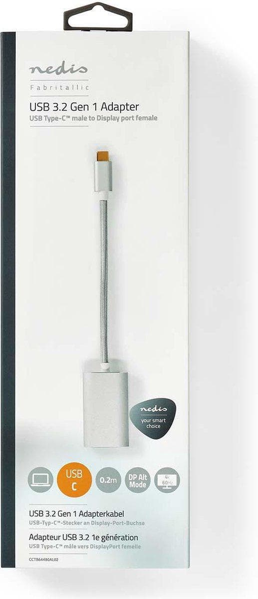 USB-adapter | USB 3.2 Gen 1 | USB-C™ han | DisplayPort Kvinde | 0,20 m | runde | forgyldt | Strikket / Nylon | Sølv | Dæk vindueskasse