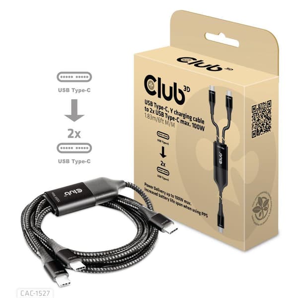 Club 3D - USB-kabel - USB-C (M) til USB-C (M) - 1,83 m - USB-drevet (100 W), understøtter Power Delivery 3.0, understøtter Power Delivery 2.0