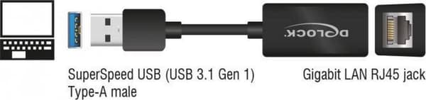 DeLOCK USB-A - RJ45 Gigabit Ethernet LAN-sovitin / kompakti - USB3.0 - CAT6 / musta - 0,10 metriä