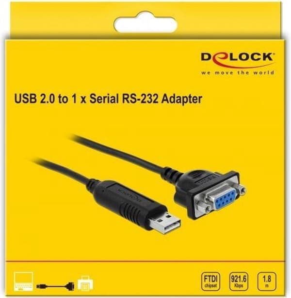 DeLOCK USB-A (m) till 9-stift SUB-D med muttrar (v) seriell RS232-adapter / FTDI-chip - 1,8 meter