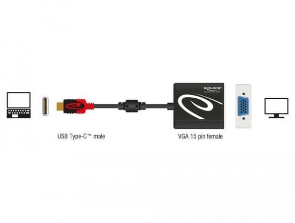 DeLOCK Premium USB-C til VGA-adapter med DP Alt Mode (1920 x 1200) / sort - 0,20 meter