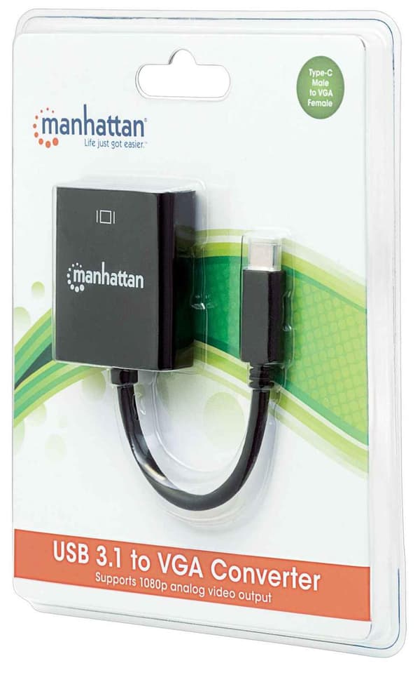 Manhattan 151771 USB / VGA-adapter [1x USB 3.2 Gen 2-stik C (USB 3.1) - 1x VGA-stik] Sort Farvekodning, Fleksibel, Folieafskærmning, UL-listet,