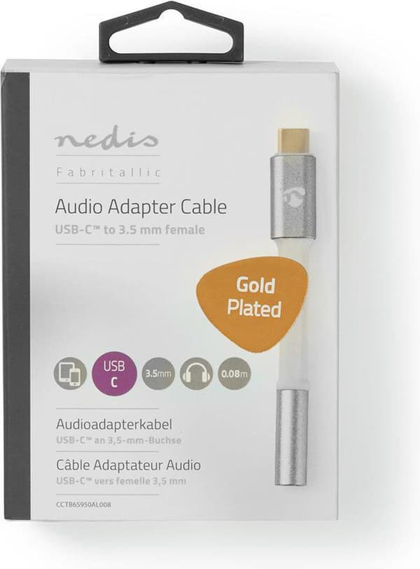 Nedis USB-adapter | USB 2.0 | USB-C™ han | 3,5 mm hun | 0,08 m | runde | forgyldt | Flettet / Nylon | Hvid / Sølv | Dæk vindueskasse