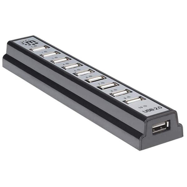 Manhattan Hi-Speed USB 2.0 Desktop Hub (10 portin virtalähde USB:n tai verkkovirtasovittimen kautta) 161572 musta