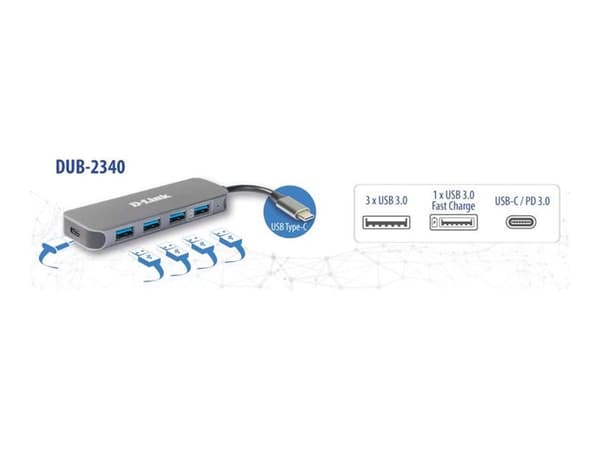 D-Link DUB-2340 - Hub - 4 x SuperSpeed USB 3.0 + 1 x USB-C (strømlevering) - stasjonær