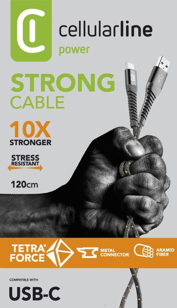 Cellularline - USB-kabel, kevlar usb-a til usb-c 1,2m, sort