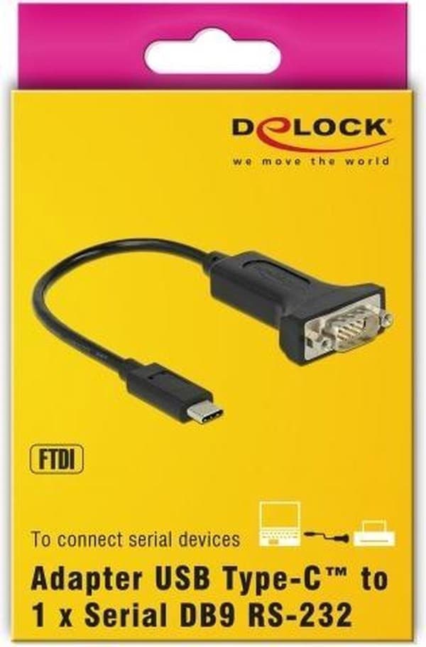DeLOCK USB-C (m) til 9-benet SUB-D med møtrikker (m) seriel RS232 adapter / FTDI chip - 0,25 meter