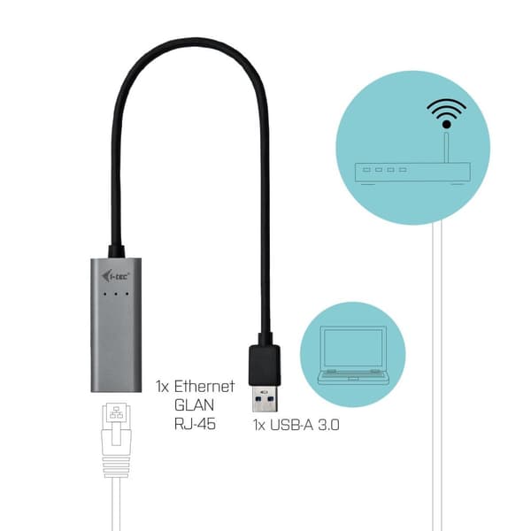 I-TEC USB 3.0 metall Gigabit Ethernet-adapter 1x USB 3.0 till RJ-45 LED-skärm för bärbar Tablet PC Windows Mac Linux Android (U3METALGLAN)