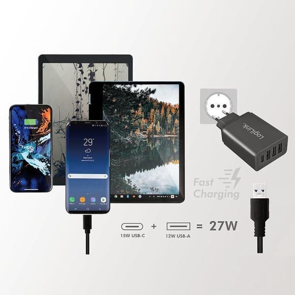 Universal USB Hurtigoplader - 1x USB-C & 3x USB-A - 27 Watt