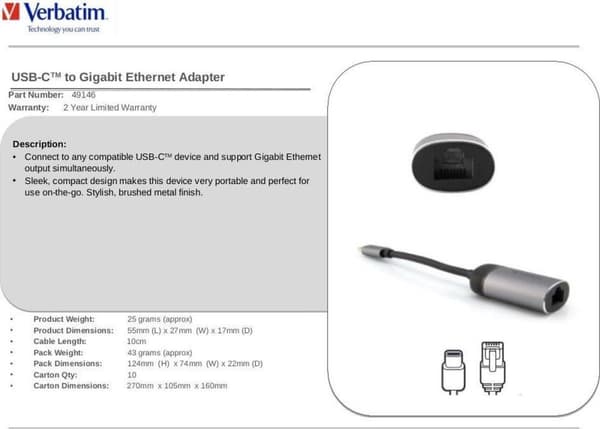 Verbatim USB-C till Gigabit Ethernet-adapter