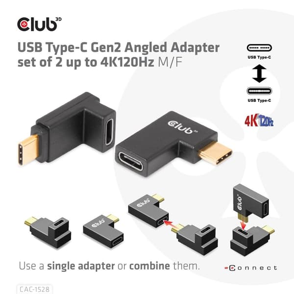 Club 3D - USB-C-adaptersæt - USB 3.2 Gen 2 - 20V - 5A - vinklet, USB-drevet (100W), 4K 120Hz-understøttelse