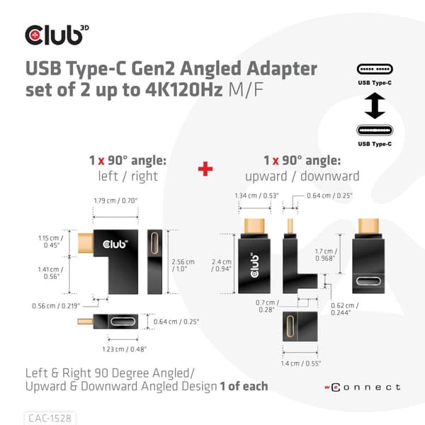 Club 3D - USB-C-adaptersæt - USB 3.2 Gen 2 - 20V - 5A - vinklet, USB-drevet (100W), 4K 120Hz-understøttelse
