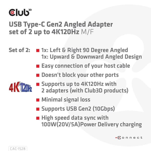 Club 3D - USB-C-adaptersæt - USB 3.2 Gen 2 - 20V - 5A - vinklet, USB-drevet (100W), 4K 120Hz-understøttelse