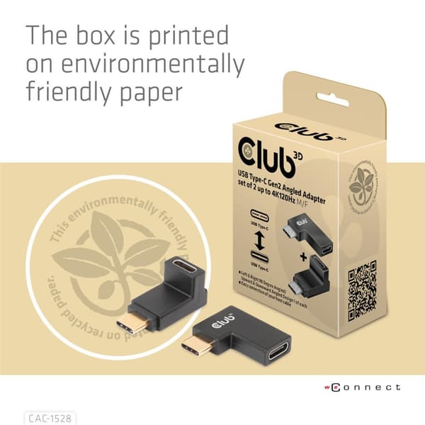 Club 3D - USB-C-adaptersæt - USB 3.2 Gen 2 - 20V - 5A - vinklet, USB-drevet (100W), 4K 120Hz-understøttelse