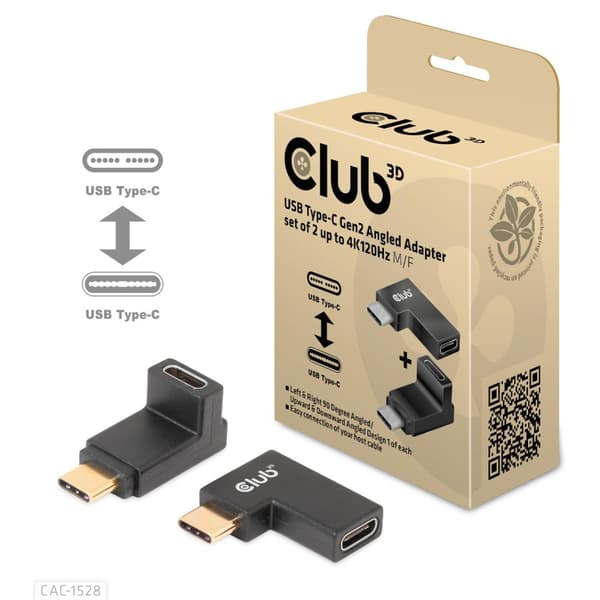 Club 3D - USB-C-adaptersæt - USB 3.2 Gen 2 - 20V - 5A - vinklet, USB-drevet (100W), 4K 120Hz-understøttelse
