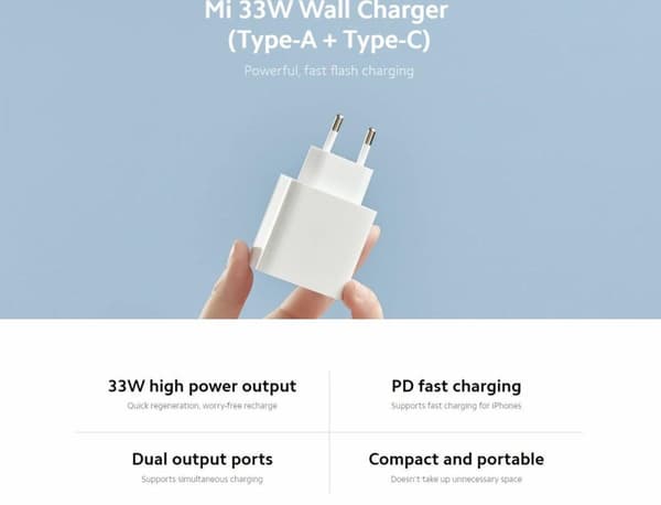Xiaomi Laturi - USB-C / USB-A - 33 W pikalaturi - Virtalähde - Valkoinen