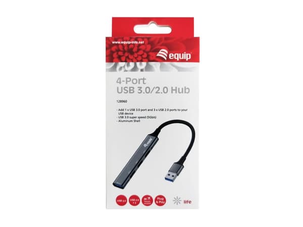 Utrusta 4-PORTAR USB 3.0/2.0 HUB - USB 3.2 Gen 1 (3.1 Gen 1) Typ-A - USB 2.0 - USB 3.2 Gen 1 (3.1 Gen 1) Typ-A - 5000 Mbit/s - Svart - Grå - Aluminium