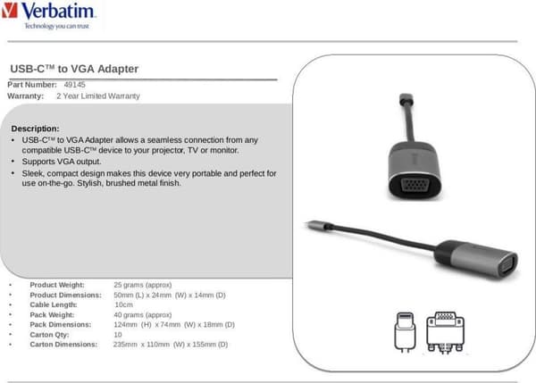 Verbatim USB-C til VGA-adapter - USB 3.1