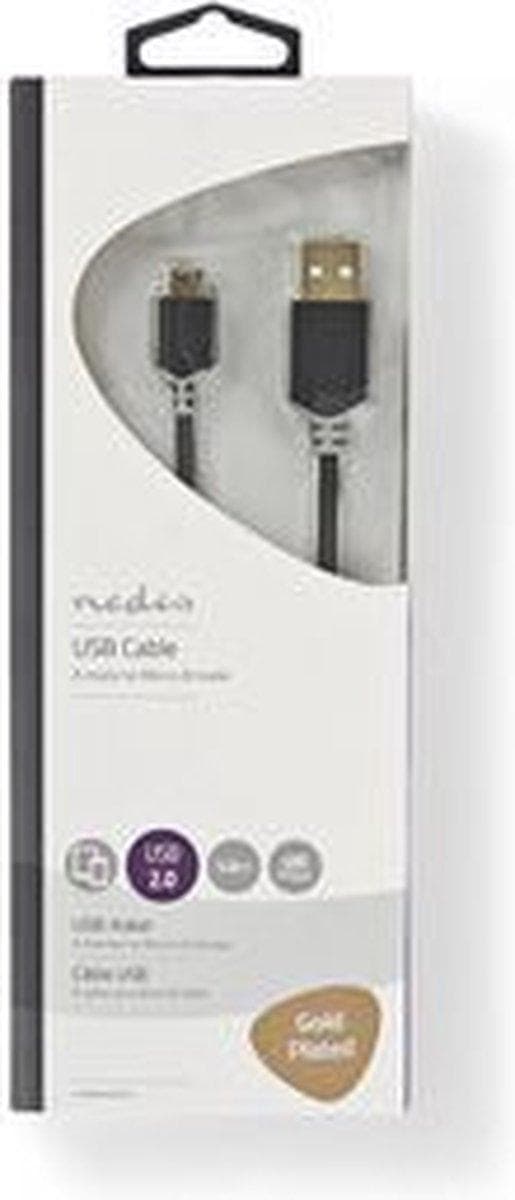 USB-kabel | USB 2.0 | USB-A hane | USB Micro B hane | 480 Mbps | guldpläterad | 1,00 m | Runda | PVC | Antracit | fönsterlåda