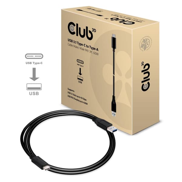 club3D USB-kabel USB 3.2 Gen1 (USB 3.0 / USB 3.1 Gen1) USB-C-kontakt, USB-A-kontakt 1,00 m Svart